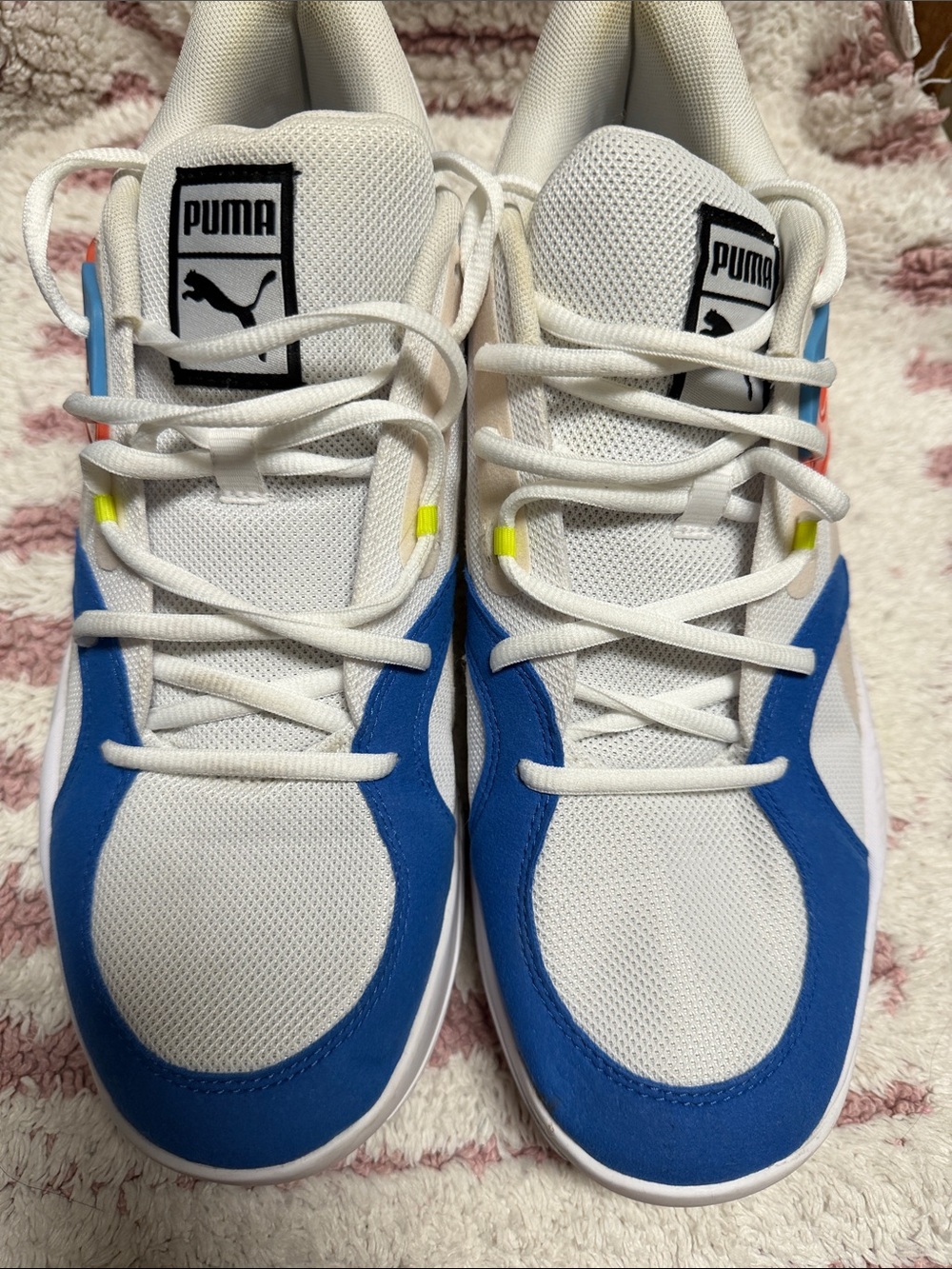 Puma White and Blue Low-Top Sneakers with Neon Yellow Accents